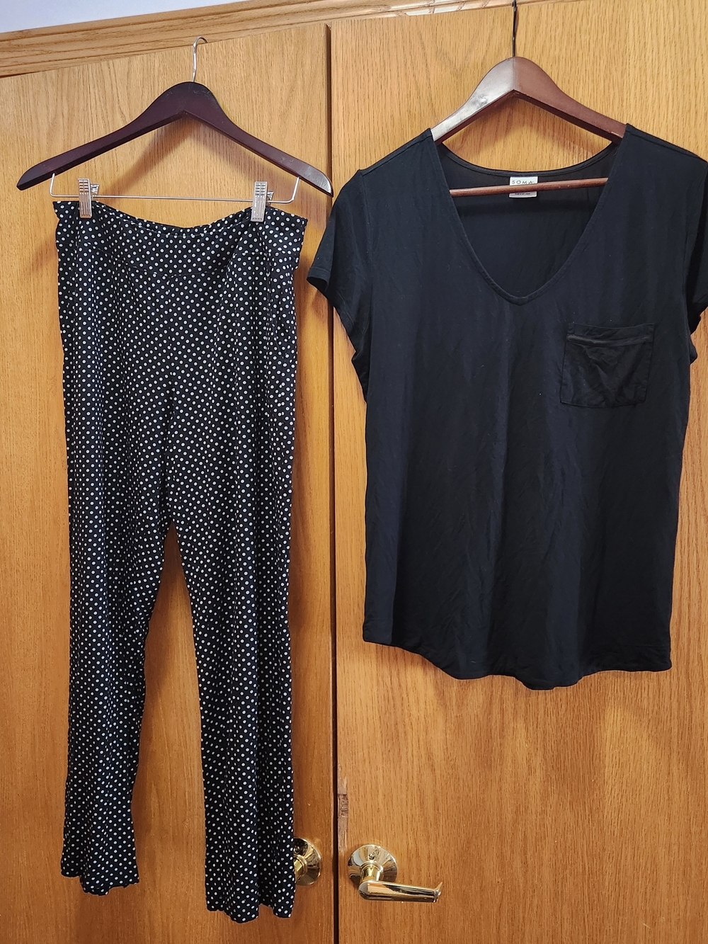 Black V-neck Pocket Tee & Black Polka Dot Pants Set